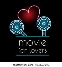 Neon sign movie for lovers. Love of cinema. Web banner.