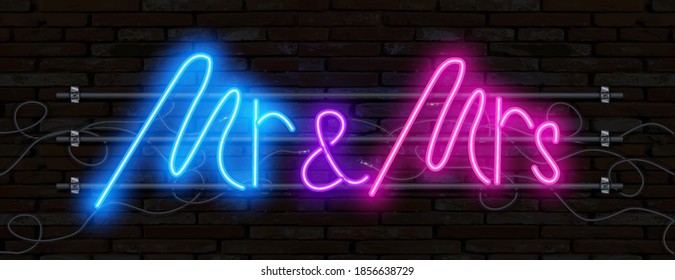 Neon sign Mr and Mrs lettering on dark background vector illustration. Logo design template. Light banner, glowing neon signboard for advertising.