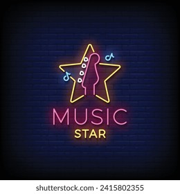 Neon Sign music star with brick wall background vector