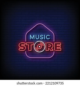 Neon Sign Music Store With Brick Wall Background Vector