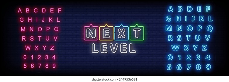 Neon Sign next level on brick wall background with the alphabet