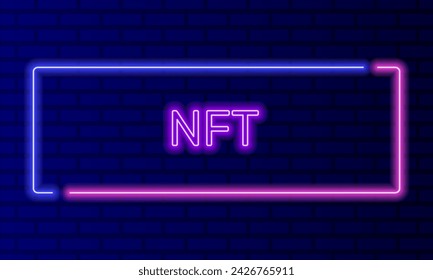 Neon sign nft in speech bubble frame on brick wall background vector. Light banner on the wall background. Nft button crypto art blockchain technology, design template, night neon signboard