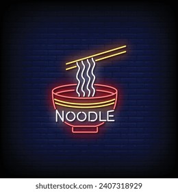 Neon Sign noodle with brick wall background vector