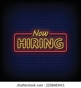 Neon Sign now hiring with brick wall background vector