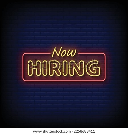 Neon Sign now hiring with brick wall background vector