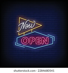 Neon Sign now open with brick wall background vector