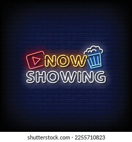 Neon Sign now showing with brick wall background vector