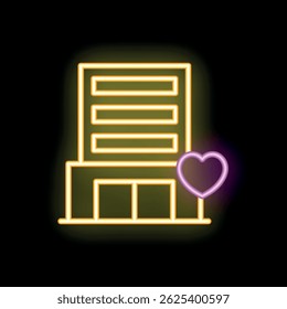Neon sign of an office building with a heart representing the love for work