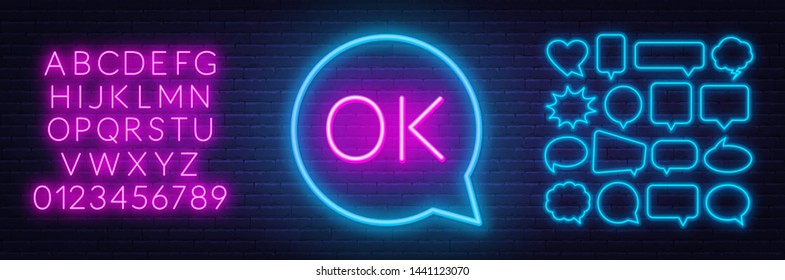Neon sign ok in speech bubble frame on dark background. Light banner on the wall background. Template for design.