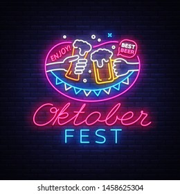 Neon Sign to oktoberfest festival vector. Oktoberfest Menu Neon Sign Vintage vector engraving illustration for invitation to party. Design Template, trendy design, light banner. Vector Illustration