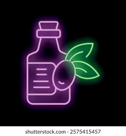 Neon sign of an olive oil bottle with olives and leaves glowing on a black background