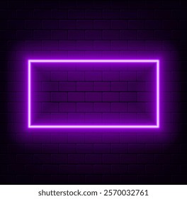 Neon sign on a brick wall. Glowing purple rectangle. Abstract background, spectrum vibrant colors. 3d render illustration.