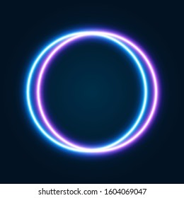 Neon sign on dark background, blue and pink round frame, vector illustration.