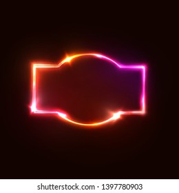 Neon sign on dark red background. 3d realistic isolated glowing color neon frame. Shining glowing light effect. Element design for advertising scoreboard show game 80s style bright vector illustration
