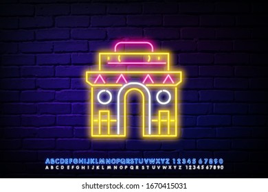 Neon sign on the gate of Delhi. Light icon. Vector illustration with text on a dark background.