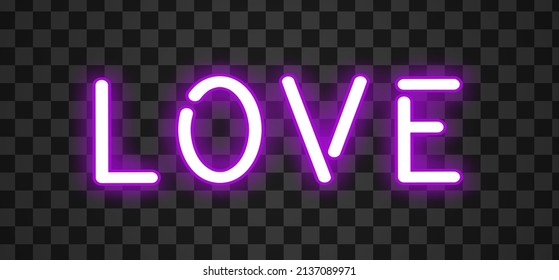 Neon sign on transparent. Retro neon Love sign on purple background. Design element for Happy Valentine's Day. Vector