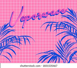 Neon sign on the wall made of pink square tiles, tropical palm leaves on the background. Vaporwave bathroom interior, trendy room design.