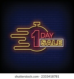 Neon Sign one day sale with brick wall background vector