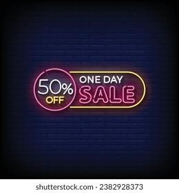 Neon Sign one day sale with brick wall background vector