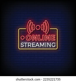 Neon Sign online streaming with brick wall background vector