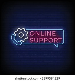 Neon Sign online support with brick wall background vector