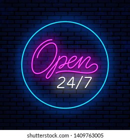 Neon sign, open 24 hours day, 7 days week. Neon sign for shop, club, motel, casino, bar and more. Ready vector template for signboard.