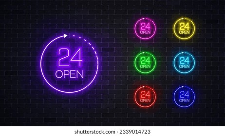 Neon sign open 24 hours. Neon icon for stores , club, bar, cafe or other business. Vector illustration