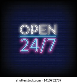 Neon sign Open 24/7 light vector with a Brick Wall Background  design element in arrow frame for 24 Hours Club  Bar  Cafe. vector illustration