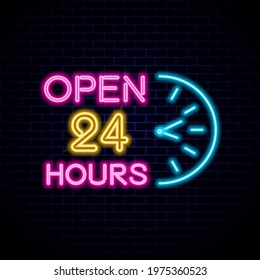 Neon sign Open 24\7 light vector background. Realistic glowing shining design element in arrow frame for 24 Hours Club, Bar, Cafe