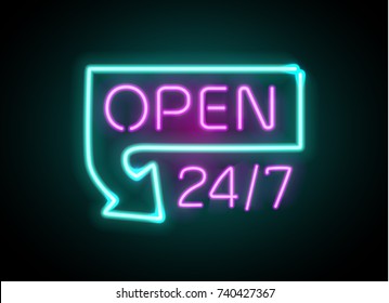 Neon Sign Open 24/7 Light Vector Background. Realistic Glowing Shining  Design Element In Arrow Frame For 24 Hours Club, Bar, Cafe