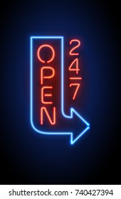 Neon sign Open 24/7 light vector background. Realistic glowing shining  design element in arrow frame for 24 Hours Club, Bar, Cafe