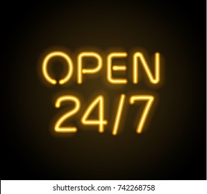 Neon sign Open 24/7 light vector background. Realistic glowing shining  design element for 24 Hours Club, Bar, Cafe