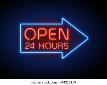 Neon sign Open 24/7 light vector background. Realistic glowing shining  design element in arrow frame for 24 Hours Club, Bar, Cafe