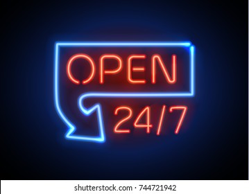 Neon sign Open 24/7 light vector background. Realistic glowing shining  design element in arrow frame for 24 Hours Club, Bar, Cafe