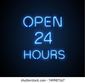 Neon sign Open 24/7 light vector background. Realistic glowing shining  design element for 24 Hours Club, Bar, Cafe