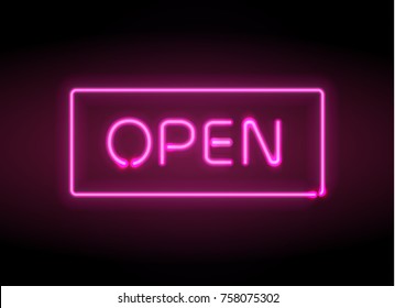 Neon sign Open 24/7 light vector background. Realistic glowing shining  design element for 24 Hours Club, Bar, Cafe