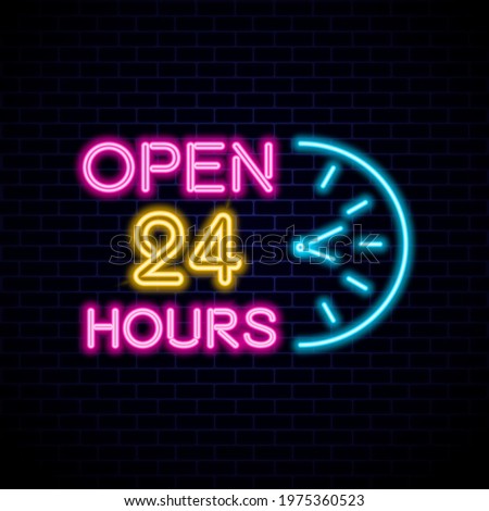 Neon sign Open 24\7 light vector background. Realistic glowing shining design element in arrow frame for 24 Hours Club, Bar, Cafe