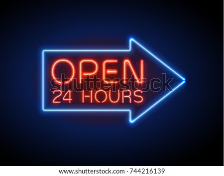 Neon sign Open 24/7 light vector background. Realistic glowing shining  design element in arrow frame for 24 Hours Club, Bar, Cafe