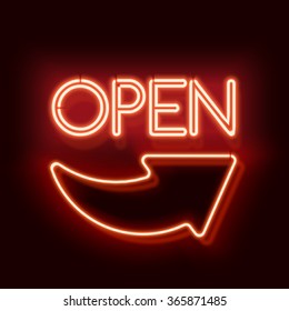 Neon sign Open with arrow. Inscription to login. Electric lamp in the form of words. Retro sign for the club on black background. Red, blue, violet light in the form of text. Vector illustration