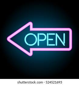 Neon sign open with arrow, vector, realistic design