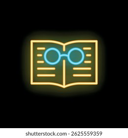 Neon sign of an open book with glasses on top, perfect for a library or bookstore seeking a vintage aesthetic