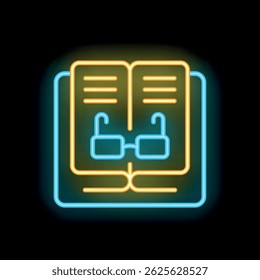 Neon sign of an open book with glasses, perfect for any library or bookstore