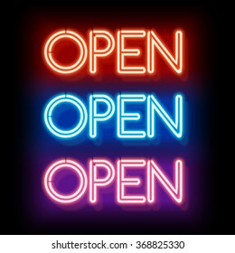 Neon sign Open. Inscription to login. Electric lamp in the form of words. Retro sign for the club on black background. Red, blue, violet light in the form of text. Vector illustration