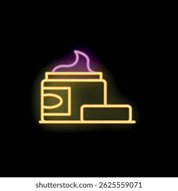 Neon sign of an open jar of cosmetic cream with a box, glowing on a black background, perfect for beauty and skincare themes