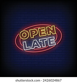 Neon Sign open late with brick wall background vector