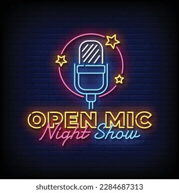 Neon Sign open mic night show with brick wall background vector