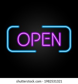 Neon sign open, modern glowing banner design, colorful modern design trend on black background. Vector illustration.