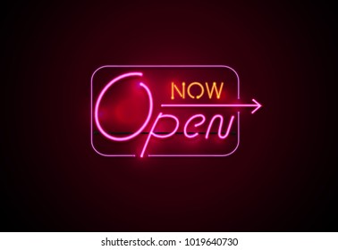 neon sign open now glowing on wall background vector illustration