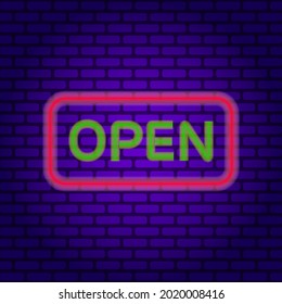 letrero de neón abierto sobre fondo oscuro de pared de ladrillo morado