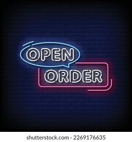 Neon Sign open order with brick wall background vector